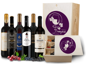 Festtags-Kiste mit edlen Rotweinen in hochwertiger Holzkiste bei ebrosia